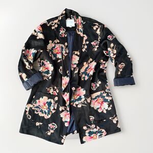 Anthropologie Ett:Twa Tavie Floral Satin Blazer Open Front Jacket Black Pink S